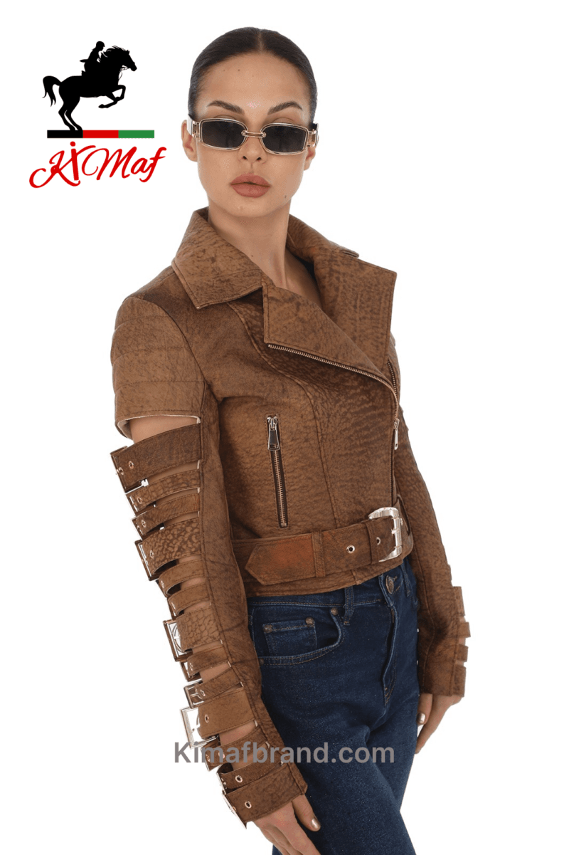 Women's Faux Leather Biker Jacket with Belted Sleeve Accents - Available in 3 Colors