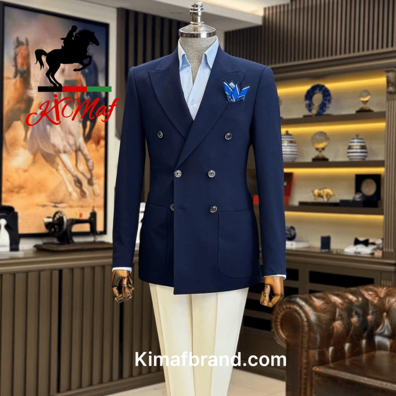 Classic Dark Blue Double-Breasted Suit by Kimaf
