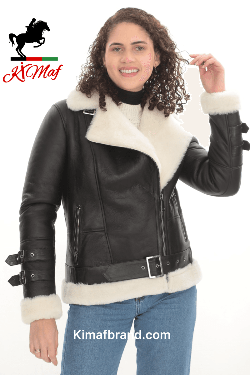 Kimaf Women's Shearling-Lined Black Leather Jacket