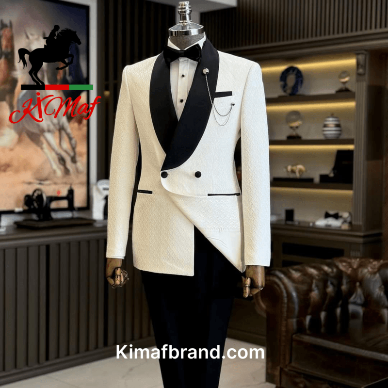 Elegant White Tuxedo Jacket by Kimaf